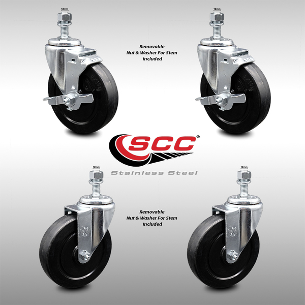 Service Caster 5 Inch SS Soft Rubber Wheel Swivel 12mm Threaded Stem Caster Brake SCC, 2PK SCC-SSTS20S514-SRS-M1215-2-TLB-2